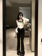 Black Bow Fluffy Square Collar Jumper