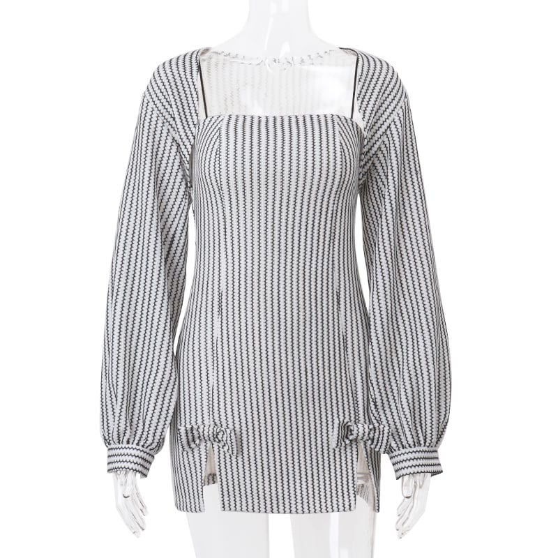 2PCS Vertical Stripe Slip Dress + Jacket
