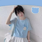 Cute Blue Japanese Anime Cartoon Graphic Print Loose Short Sleeve T-shirt
