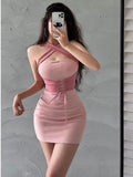 Pink Tie Up Corset Waist Bodycon Mini Dress