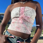 Pink Floral Ribbon Lace Up Corset Top