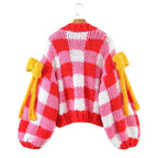 3D Red & White Crochet Cardigan with Yellow Bow