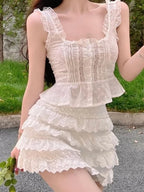 2PCS White Lace Frill Top + Mini Skirt