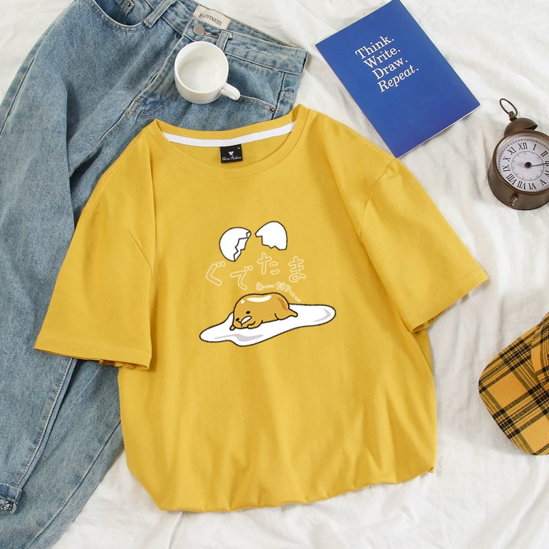 Funny Lazy Egg Cartoon Anime Print Casual Summer Loose Short Sleeve Tee Shirt T-shirt Top E-Girl Kawaii Korean Japanese Harajuku Streetwear