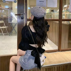 Cute Pink Back Puff Sleeve French Bow Bandage Long Sleeve Shirt Blouse Crop Top Square Neck Aesthetic Casual E-Girl Kawaii Korean Japanese Harajuku