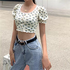 Sweet Floral Print Puff Bell Sleeve Short T-shirt Button Round Neck Crop Top Summer Aesthetic Casual E-Girl Kawaii Korean Japanese Harajuku