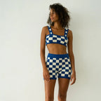 2PCS Green Checkered Knit Crop Top + Shorts