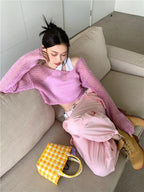 Pink Hollow Out Knit Cropped Sweater