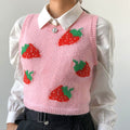 Cute Pink Strawberry V Neck Sleeveless Knit Crop Top Sweater Sweatshirt Pullover Jumper E-Girl Kawaii Korean Japanese Harajuku Streetwear