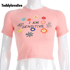 Cute Sensitive Pink Flower Embroidery Sexy Crop Top Short Sleeve Shirt Tee T-shirt Summer Casual E-Girl Kawaii Korean Japanese Harajuku Streetwear
