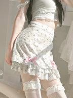 Pink Floral Bow Print Ruffle Mini Skirt