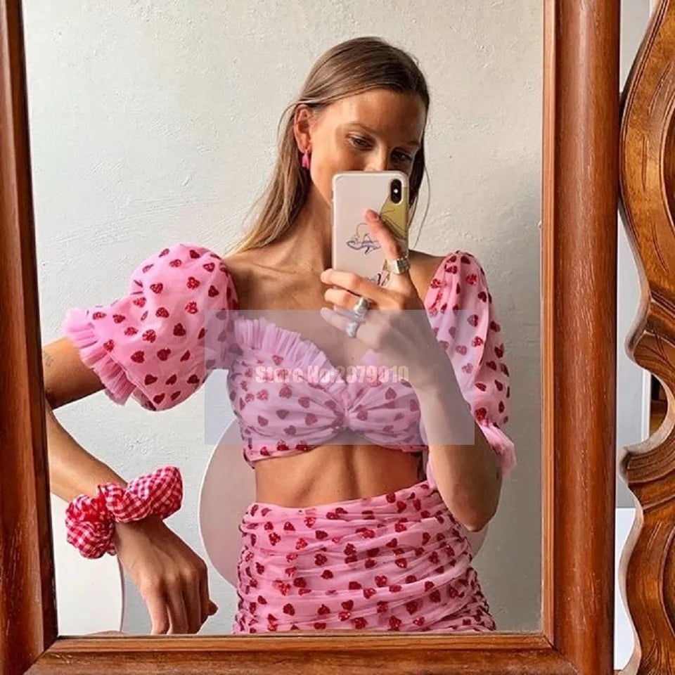 2PCS Sweet Pink Glitter Heart Crop Top + Mini Skirt