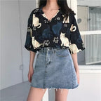 Chinese Letter Cat Animal Print Casual Loose Button Down Collar Short Sleeve Tee Shirt T-shirt Top E-Girl Kawaii Korean Japanese Harajuku Streetwear