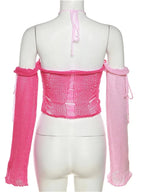Pink Color Contrast Knit Long Sleeve Halter Top