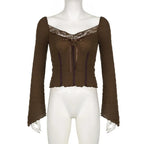 Brown Lace Trim V Neck Flare Long Sleeve Top