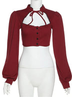 Red V Neck Puff Long Sleeve Shirt