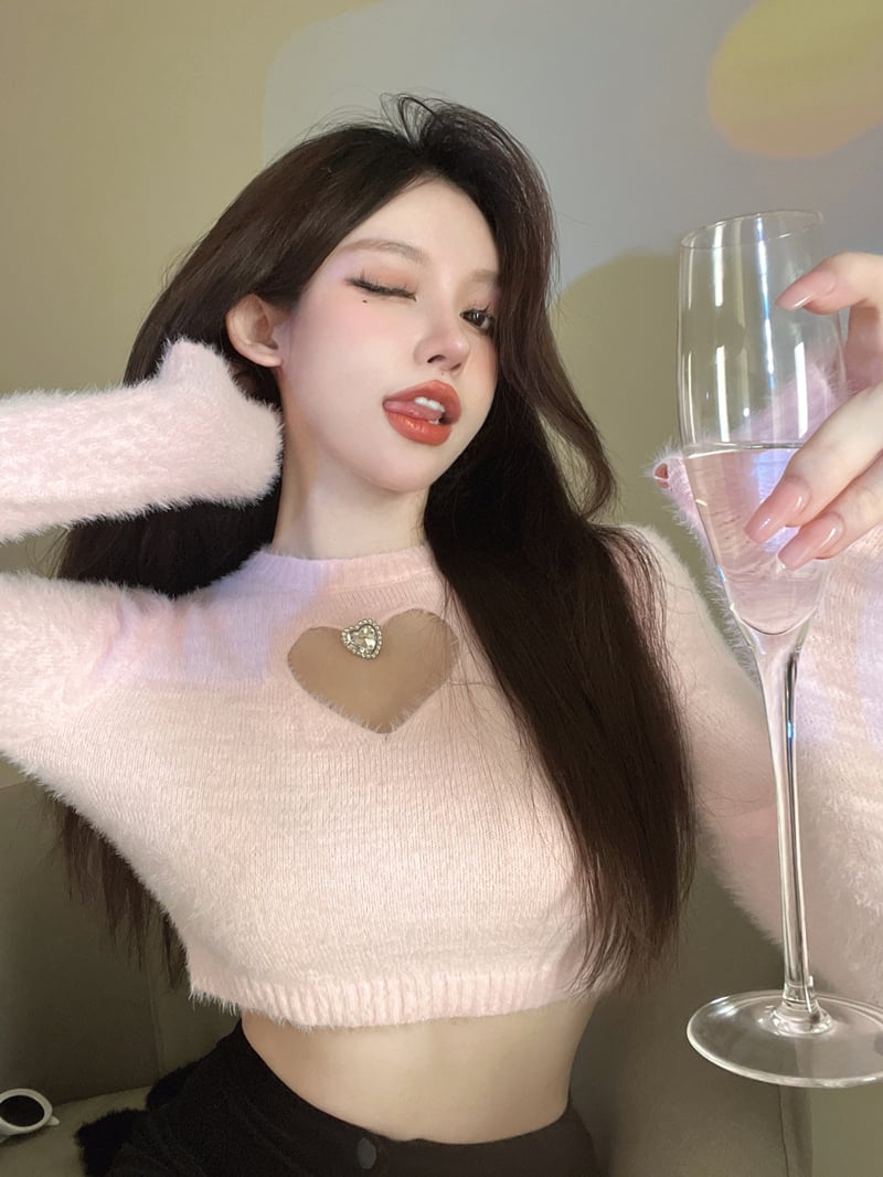 Heart Hollow Out Crystal Stud Long Sleeve Top