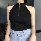 Cute Black White Sexy Knit Zipper Sleeveless Shirt Crop Top Tank Camisole Aesthetic Casual E-Girl Kawaii Korean Japanese Harajuku