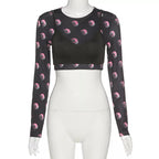 Cute Sexy 2pcs Moon Print Long Sleeve T-shirt Crop Top With Bra Camisole Summer Aesthetic Casual E-Girl Kawaii Korean Japanese Harajuku