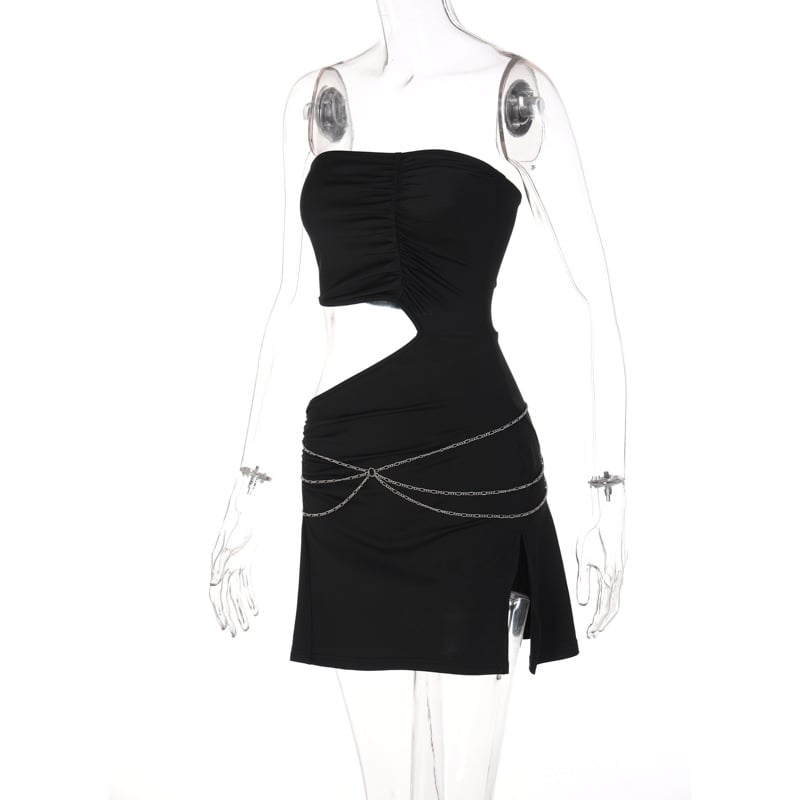 Black Strapless Chain Cut Out Split Mini Dress