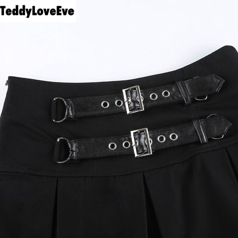 Cute Goth Dark Grunge Punk Pleated High Waisted Rivet Patchwork Mini Skirt Bottoms E-Girl Kawaii Korean Japanese Harajuku Streetwear