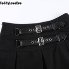 Cute Goth Dark Grunge Punk Pleated High Waisted Rivet Patchwork Mini Skirt Bottoms E-Girl Kawaii Korean Japanese Harajuku Streetwear