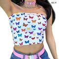 Cute Sexy Butterfly Print Colorful Crop Top Tube Off the Shoulder T-shirt Tee Shirt E-Girl Kawaii Korean Japanese Harajuku Retro Streetwear Fashion