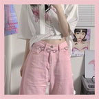 Cute Pink Baggy Oversized Loose Low Rise Wide Leg Denim Pants Trousers Aesthetic Casual Summer E-Girl Kawaii Korean Japanese Harajuku