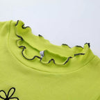 Cute Neon Green Flower Embroidery Casual Summer Crop Top Short Sleeve Tee Shirt T-Shirt E-Girl Kawaii Korean Japanese Harajuku Streetwear