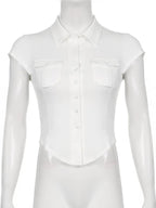 White Pocket Button Down Collar Short Sleeve Shirt