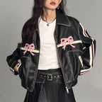 Bow Knot PU Leather Bomber Jacket