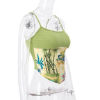 Green Vacation Print Patchwork Tank Top