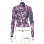 Purple Victorian Print Mesh Long Sleeve Shirt