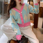 Pastel Argyle V Neck Cardigan Sweater