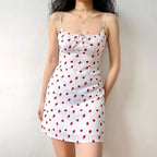 Cute White Strawberry Print Spaghetti Strap Sleeveless Mini Dress Beach Party Summer Aesthetic Casual E-Girl Kawaii Korean Japanese Harajuku