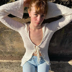 White Lace Up Long Sleeve Flare Cardigan