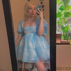 Cute Sexy Blue Cloud Sky Princess Square Neck Puff Sleeve Mini Party Dress Summer Aesthetic E-Girl Kawaii Korean Japanese Harajuku