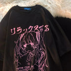 Cute Sad Anime Girl Cartoon Print Short Sleeve T-shirt Loose Punk Goth Aesthetic Casual Summer E-Girl Kawaii Korean Japanese Harajuku