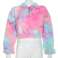 Cute Casual Rainbow Furry Tie Dye Plush Crop Long Sleeve Loose Sweatshirt Pullover E-Girl Kawaii Korean Japanese Harajuku Retro Streetwear Aesthetic