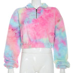 Cute Casual Rainbow Furry Tie Dye Plush Crop Long Sleeve Loose Sweatshirt Pullover E-Girl Kawaii Korean Japanese Harajuku Retro Streetwear Aesthetic