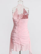 Pink Flower Halter Fold Mini Dress