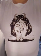 Cute Scary Horror Anime Girl Devil Horn Goth Loose Short Sleeve Short T-shirt Tee Top Summer Casual E-Girl Kawaii Korean Japanese Harajuku Streetwear