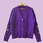 Purple Star Embroidery Button Cardigan