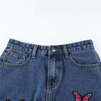 Butterfly Embroidery High Waist Denim Jeans