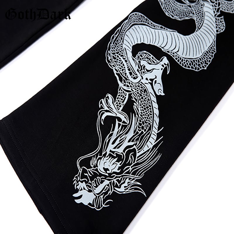 Sexy Black Goth Punk Dragon Print Vintage Sweatshirt Loose Crop Top Long Sleeve Shirt T-shirt E-Girl Kawaii Korean Japanese Harajuku Streetwear