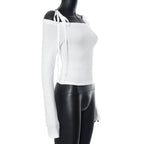 White Bow Off Shoulder Long Sleeve Top