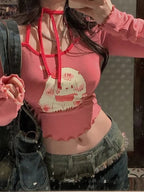 Pink Dog Graphic Print Frill Long Sleeve Shirt