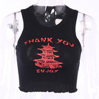 Cute Chinese Takeout Letter Embroidery White Tank Top Cropped Camisole Tee Shirt T-shirt E-Girl Kawaii Korean Japanese Harajuku Retro Streetwear