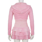 2PCS Pink Zipper Hoodie + Tiered Mini Skirt Set