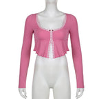Pink Frill Lace Long Sleeve Crop Top